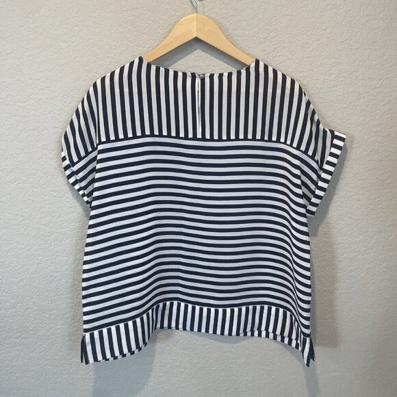 Christopher Banks XL Petite Striped Short Sleeve Blouse Round Neck Navy Nautical - Picture 7 of 11